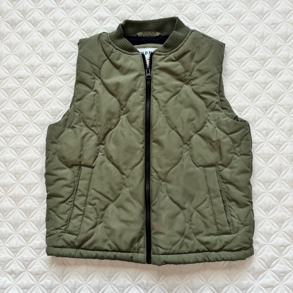 Old Navy Kids Quilted Puffer Vest Full Zip Fleece Lined Olive Green Size M 8